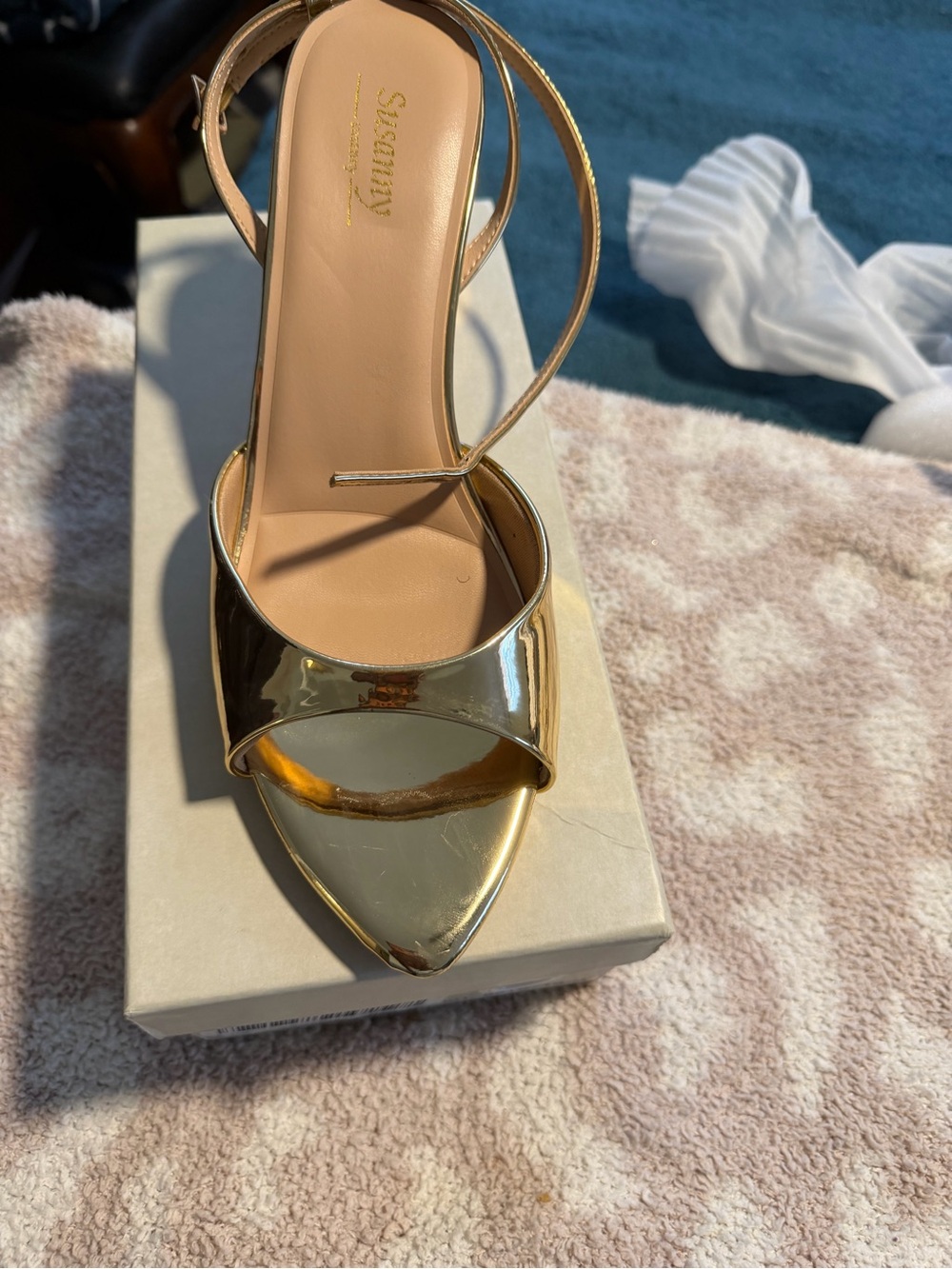 Susan Woo Metallic Gold Pointed Toe Ankle Strap Heels